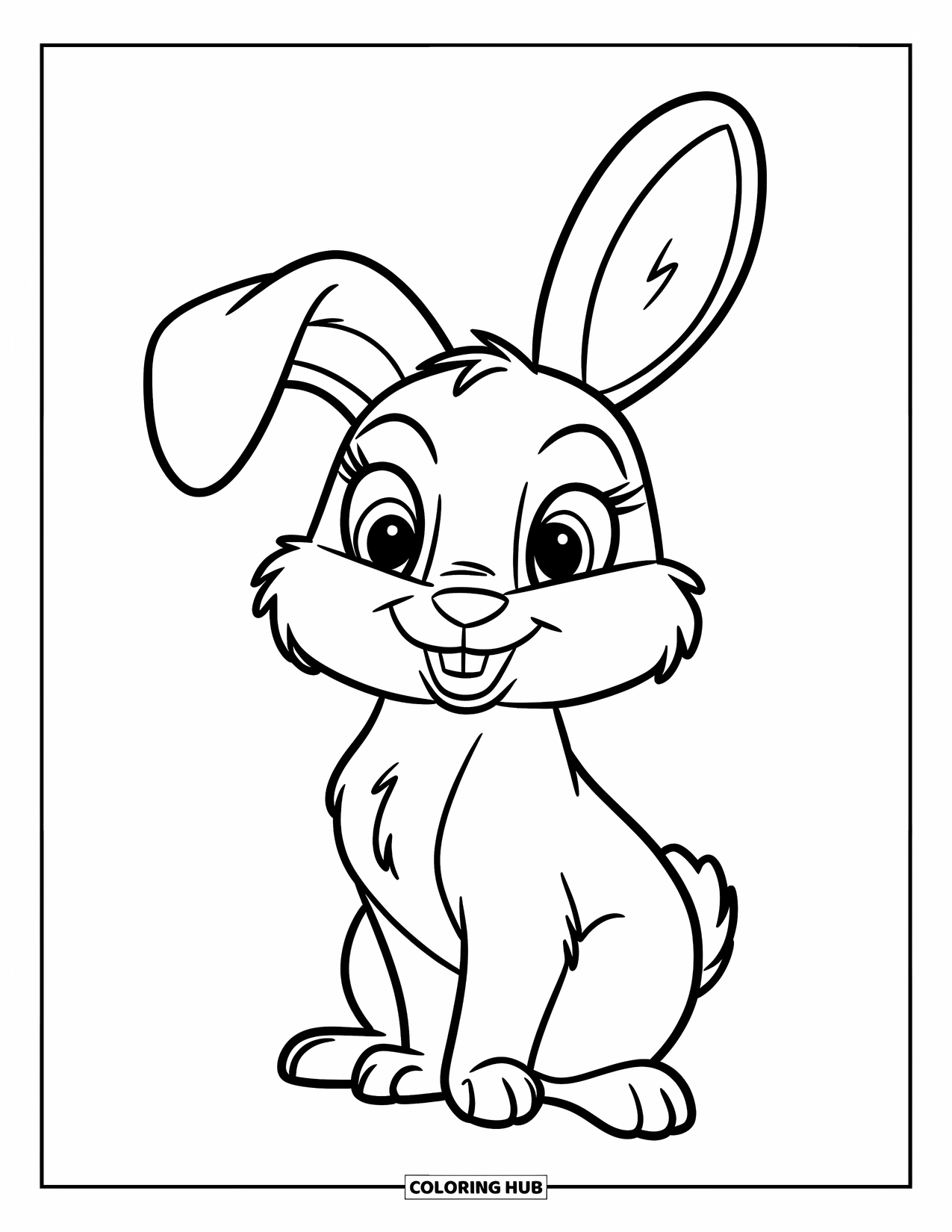 Bunny Coloring Page for Kids: A bunny sits upright with big ears and friendly eyes, ready for an adventure