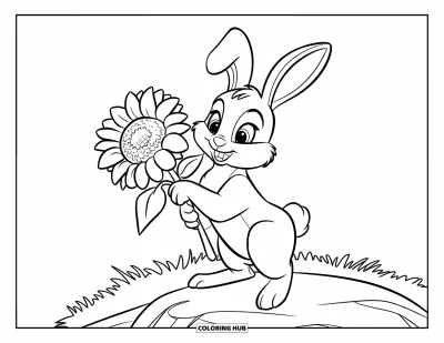 Haeschen-Ausmalbild für Kinder: Ein Hase steht auf einem Felsen, hält eine Sonnenblume und ist von einer weiten Wiese umgeben