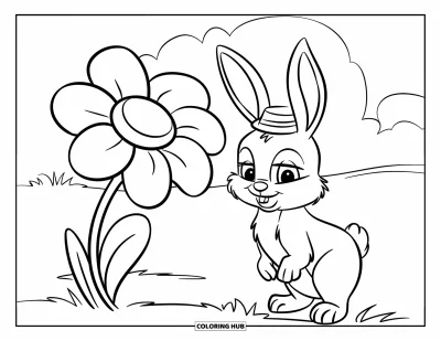 Haeschen-Ausmalbild für Kinder: Ein Hase mit kleinem Hut steht neben einer großen Blume auf einer grasigen Wiese