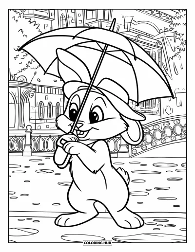 Haeschen-Ausmalbild für Kinder: Ein Hase mit schickem Hut hält einen Regenschirm in einer charmanten Stadtszene