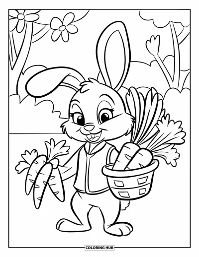 Haeschen-Ausmalbild für Kinder: Ein Hase mit Weste und Halsband trägt einen Gemüsekorb auf einem Blumenfeld