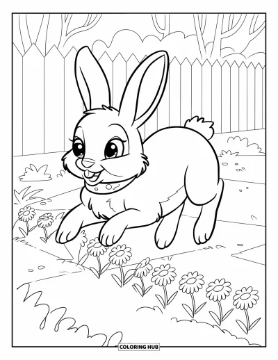 Haeschen-Ausmalbild für Kinder: Ein Hase mit Fliege springt über Blumen, mit Zaun und Bäumen im Hintergrund