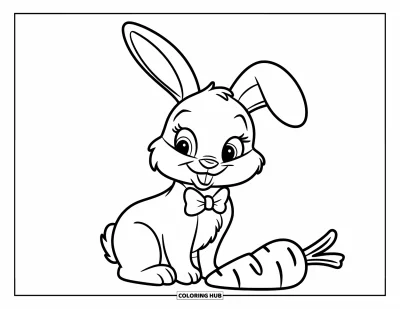 Haeschen-Ausmalbild für Kinder: Ein Hase mit Fliege sitzt neben einer Karotte vor einem grasigen Hintergrund voller Blumen