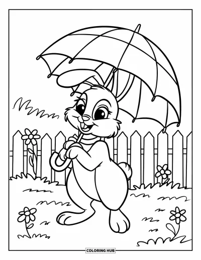 Haeschen-Ausmalbild für Kinder: Ein Hase mit Halsband hält einen Regenschirm neben einem Zaun, um den herum Blumen blühen