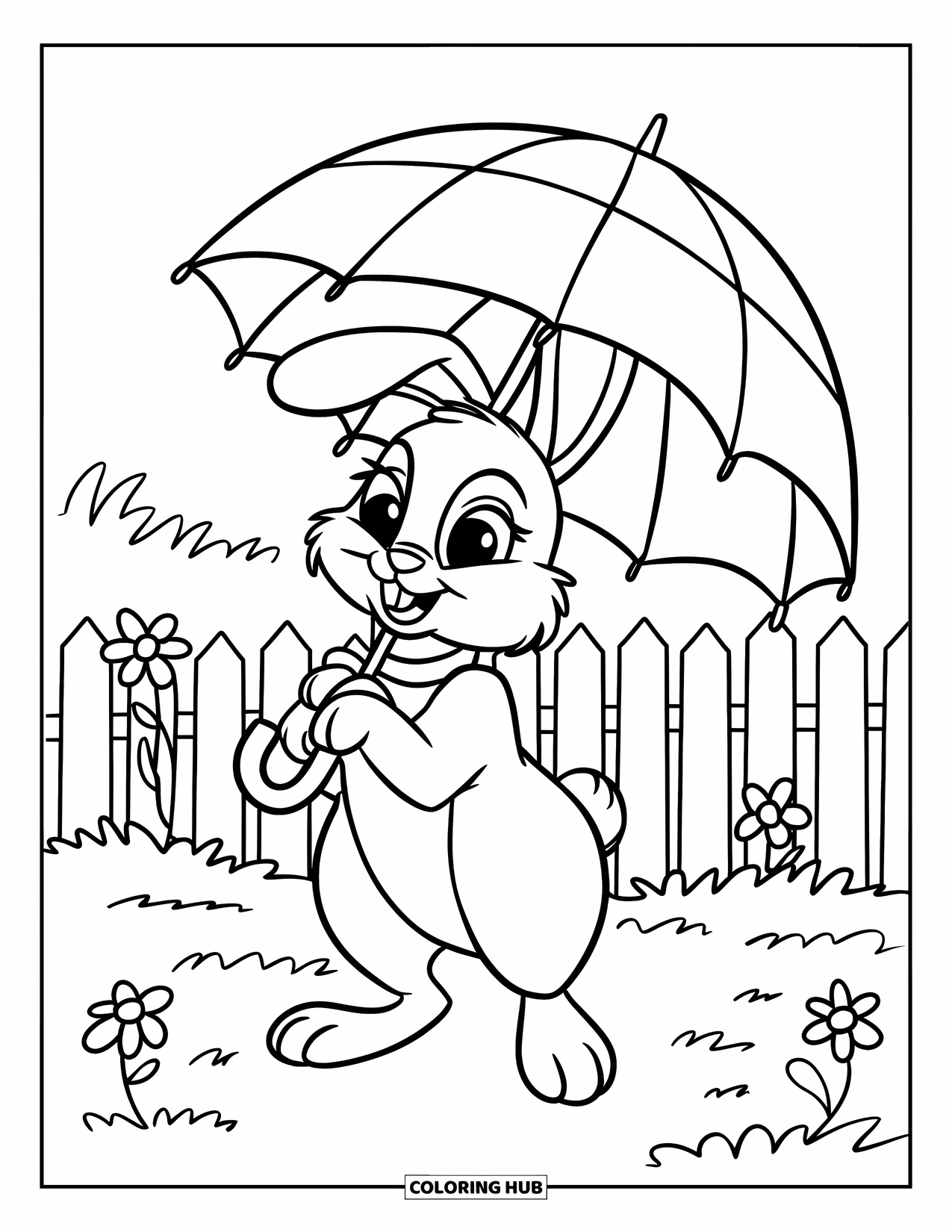 Bunny Coloring Page for Kids: A bunny with a collar holds an umbrella near a fence with flowers blooming around it