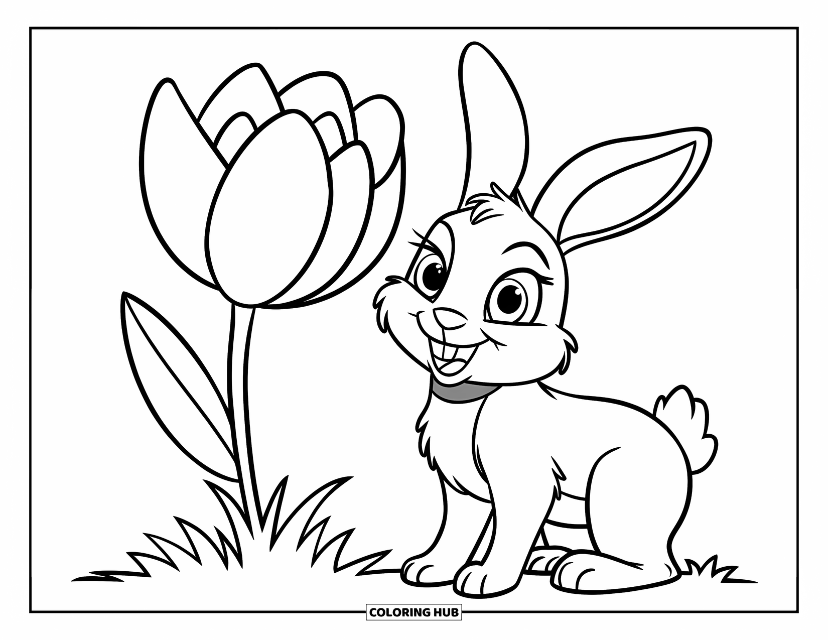 Bunny Coloring Page for Kids: A bunny with a red collar stands beside a tall flower in a green meadow