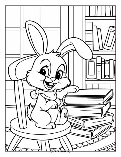 Haeschen-Ausmalbild für Kinder: Ein Hase mit Schal sitzt auf einem Holzstuhl neben einem hohen Bücherstapel
