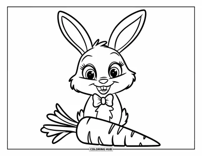 Haeschen-Ausmalbild für Kinder: Ein Hase mit großen Augen und Fliege sitzt neben einer langen, blättrigen Karotte