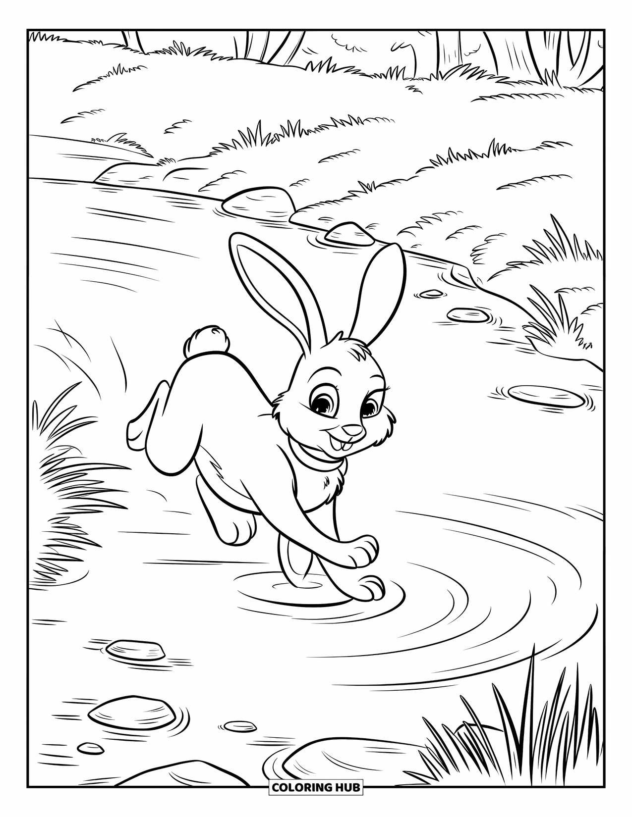 Bunny Coloring Page for Kids: A bunny with expressive eyes and a collar sprints past a flowing river