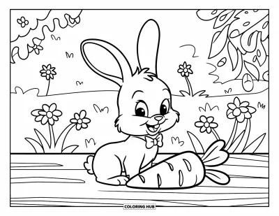 Haeschen-Ausmalbild für Kinder: Ein Hase mit Schlappohren und Fliege sitzt neben einer Karotte auf einer Holzfläche