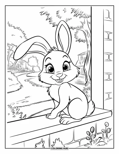 Haeschen-Ausmalbild für Kinder: Ein Hase mit Schlappohren sitzt auf einer Fensterbank und betrachtet einen idyllischen Weg und ein entferntes Haus