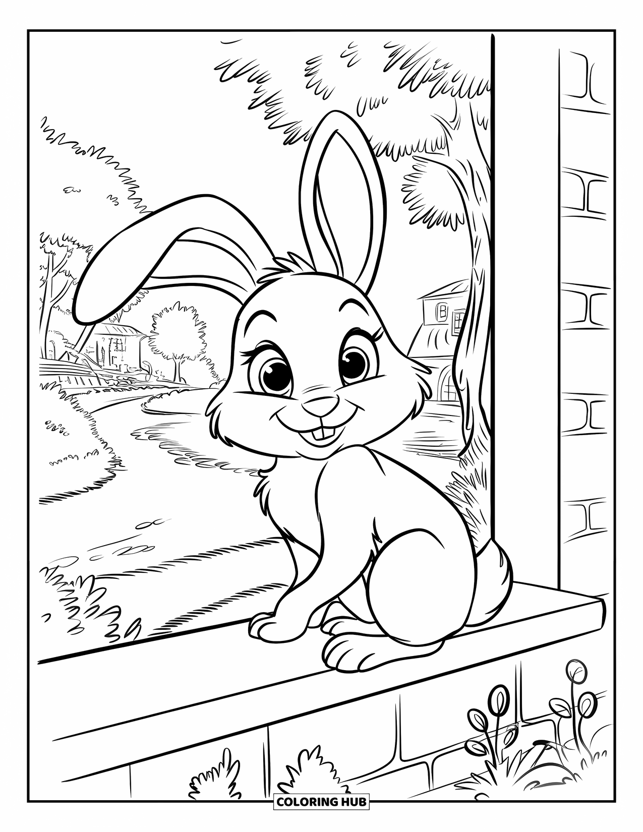 Bunny Coloring Page for Kids: A bunny with floppy ears sits on a windowsill, watching a scenic path and distant home