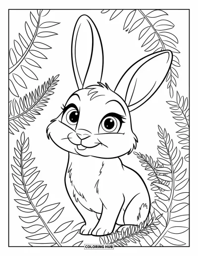 Haeschen-Ausmalbild für Kinder: Ein Hase mit runden Augen blickt neugierig nach oben, umgeben von hohen, schmalen Farnen