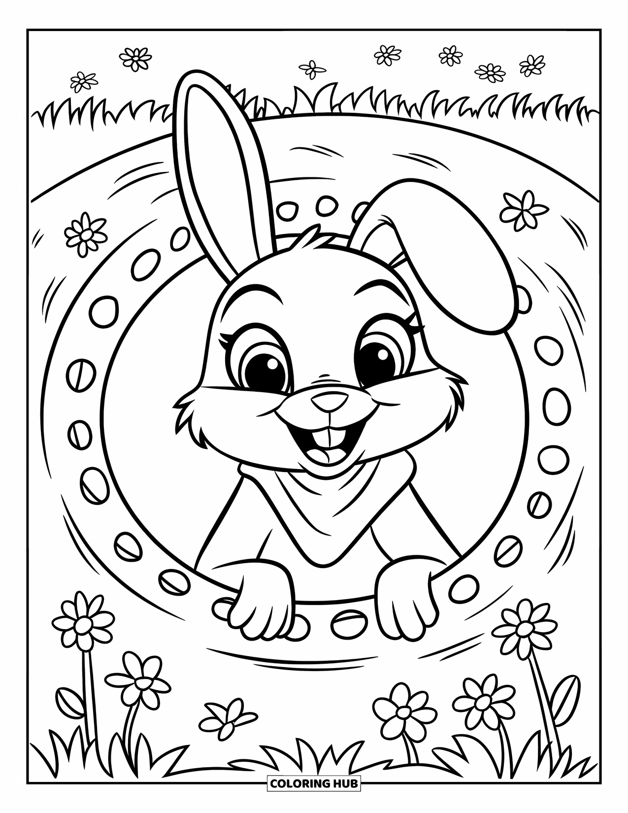 Bunny Coloring Page for Kids: A bunny with round eyes peeks from a burrow hole near a tree in a grassy field