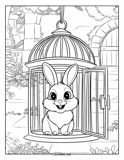 Haeschen-Ausmalbild für Kinder: Ein flauschiger Hase sitzt in einem verzierten Vogelkäfig, umgeben von einem friedlichen Garten
