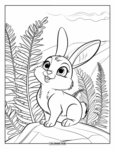 Haeschen-Ausmalbild für Kinder: Ein flauschiger Hase sitzt auf einem Felsen und blickt zu den hoch aufragenden Farnen um ihn herum