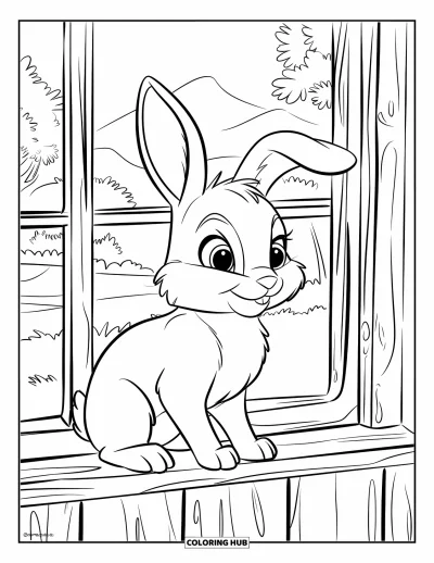Haeschen-Ausmalbild für Kinder: Ein flauschiger Hase sitzt auf einer Fensterbank und blickt auf eine ruhige Landschaft mit Bäumen und Bergen