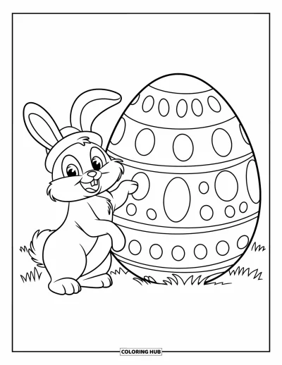 Haeschen-Ausmalbild für Kinder: Ein flauschiger Hase steht neben einem riesigen Osterei mit bunten Mustern