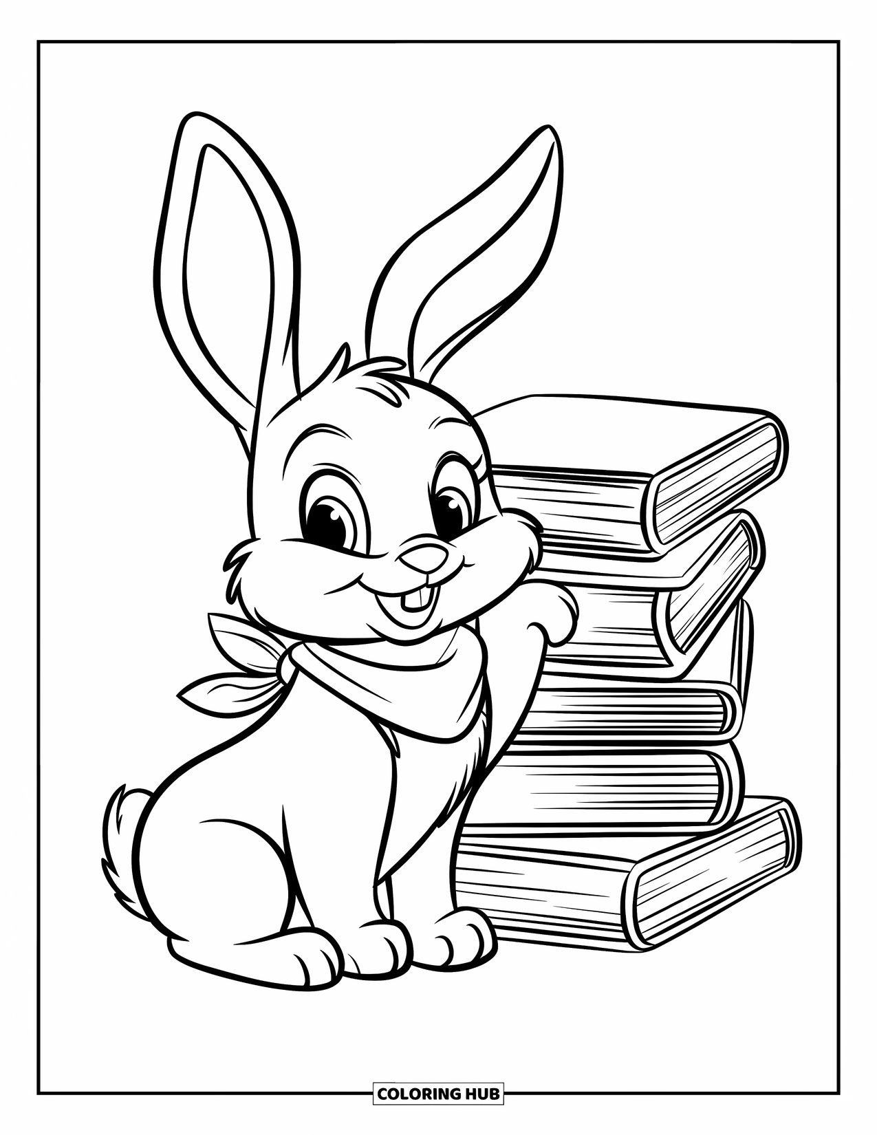 Bunny Coloring Page for Kids: A fluffy bunny with a scarf sits by a stack of books in a peaceful indoor space