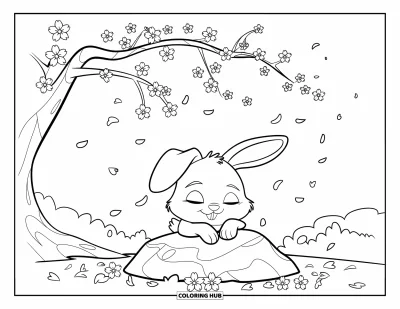 Haeschen-Ausmalbild für Kinder: Ein friedlicher Hase sitzt auf einem Felsen unter einem blühenden Kirschblütenbaum mit fallenden Blütenblättern