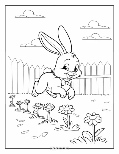 Haeschen-Ausmalbild für Kinder: Ein verspielter Hase im roten Mantel springt über Blumen in einem Garten unter blauem Himmel