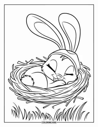 Haeschen-Ausmalbild für Kinder: Ein schläfriger Hase mit kleinem Hut ruht in einem Nest aus Zweigen und Gras