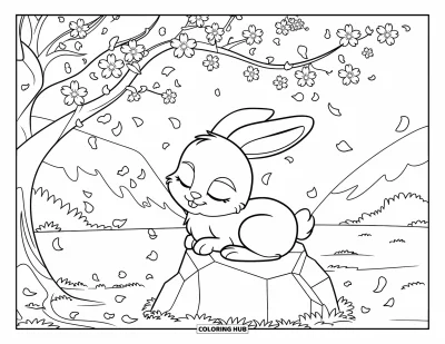 Haeschen-Ausmalbild für Kinder: Ein schläfriger Hase sitzt unter einem Kirschblütenbaum, während Blütenblätter zu Boden treiben