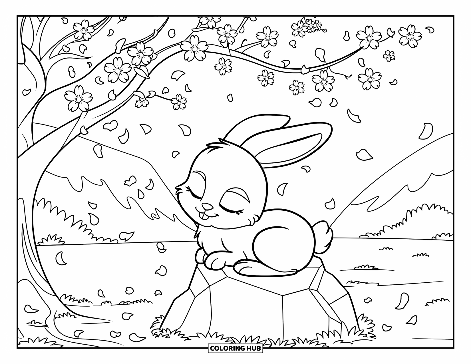 Bunny Coloring Page for Kids: A sleepy bunny sits under a cherry blossom tree, with petals drifting to the ground