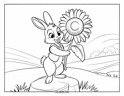 Haeschen-Ausmalbild für Kinder: Ein lächelnder Hase in grüner Weste hält eine Sonnenblume vor einer ruhigen Landschaft
