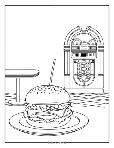 Fargeleggingsark med burger for voksne: Et 50-talls spisested med jukeboks og en burgertallerken gir en vintage atmosfære