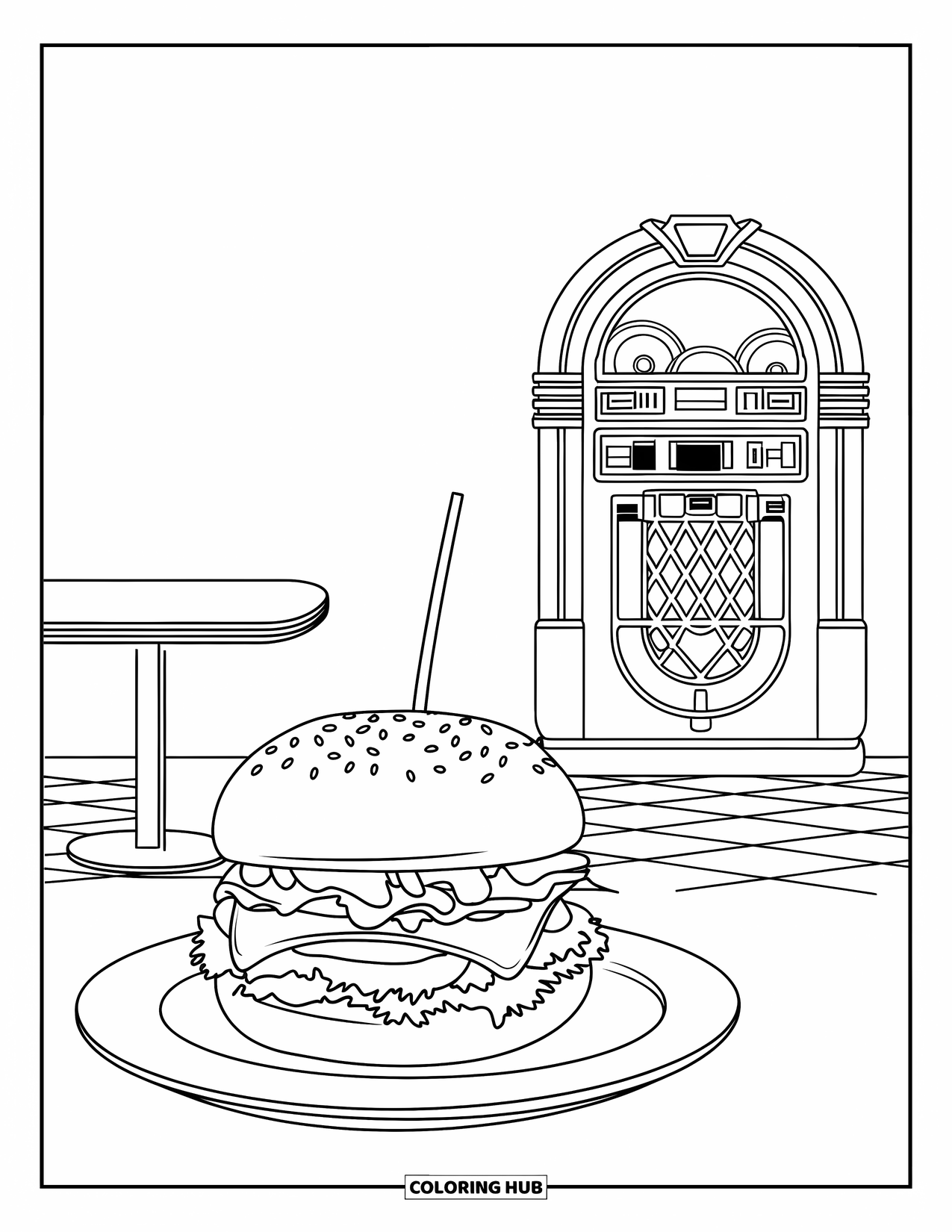 Burger Coloring Page for Adults: A 1950s diner with a jukebox and a burger plate brings a vintage atmosphere to life