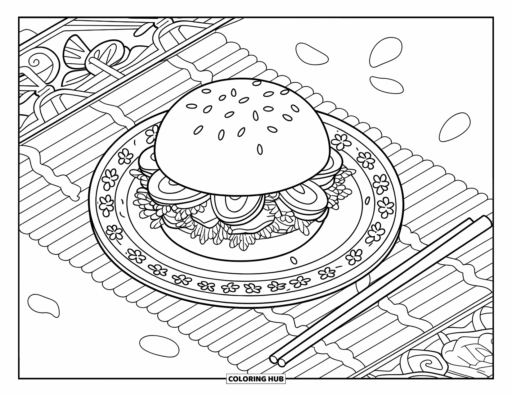 Burger Coloring Page for Adults: A bento burger with chopsticks rests on a bamboo mat, surrounded by intricate garnish details