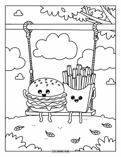 Fargeleggingsark med burger for voksne: En burger og en kopp pommes frites som leker gledelig i en huske under fluffy skyer