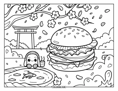 Fargeleggingsark med burger for voksne: En burger og sushi som hviler under et kirsebærblomstertre med en torii-port i bakgrunnen