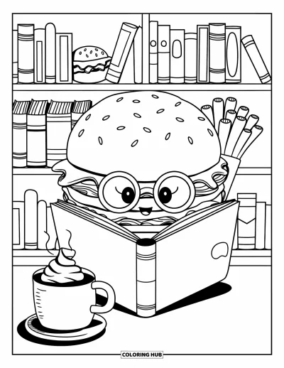 Fargeleggingsark med burger for voksne: En liten burger og pommes frites som koser seg med bøker i et varmt bibliotek fylt med matinspirerte hyller