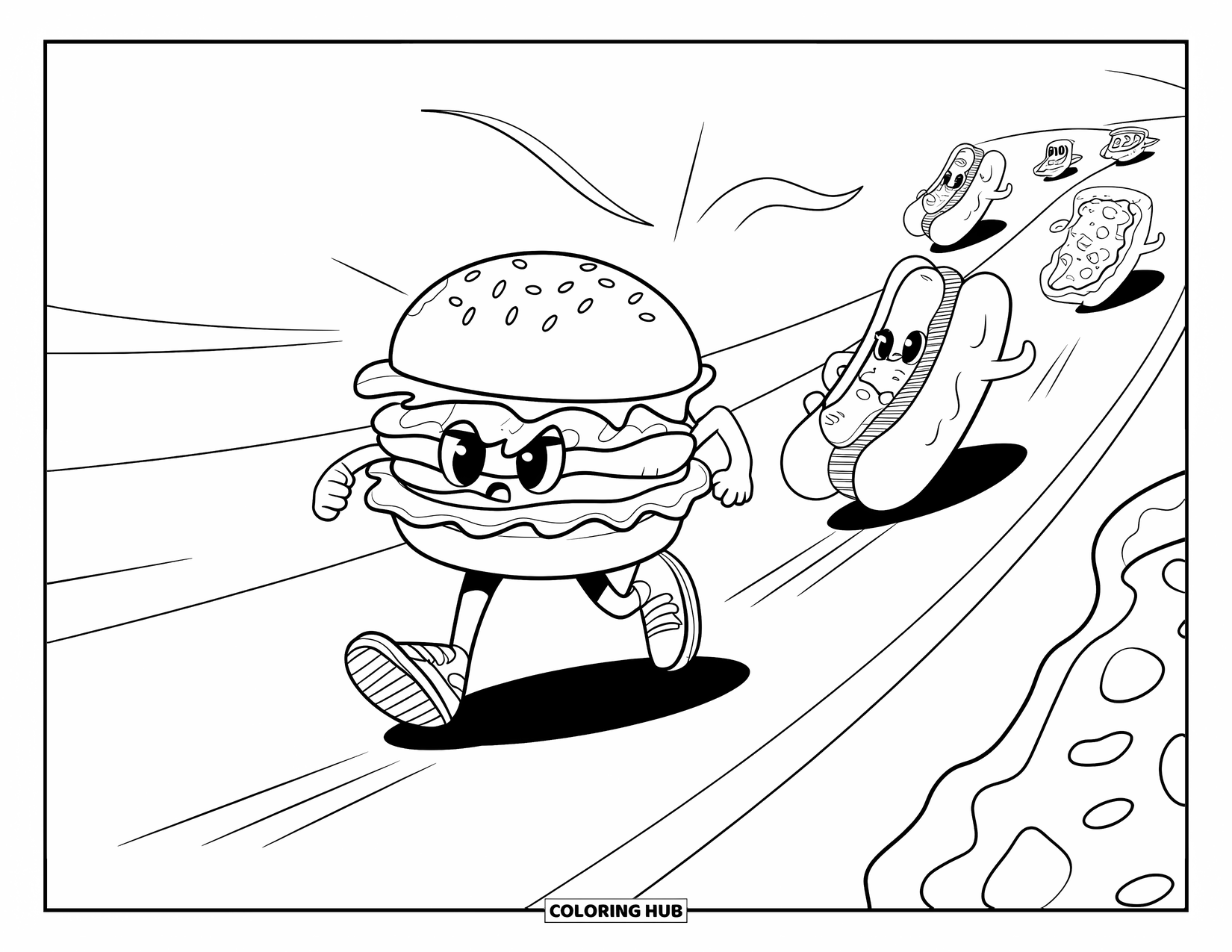Burger Coloring Page for Adults: A burger in sneakers dashes along a racetrack, pursued by a hot dog and pizza