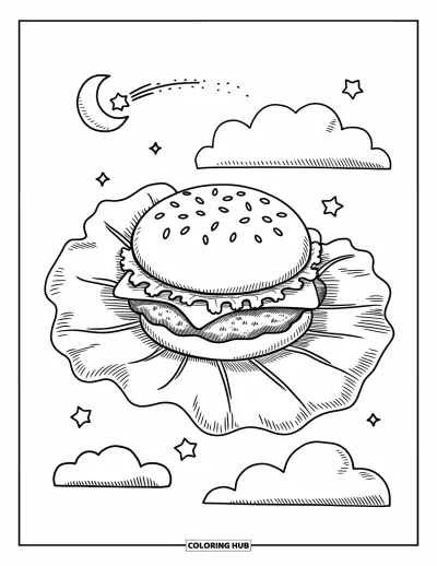 Fargeleggingsark med burger for voksne: En burger som sover fredelig på en salatsky med en liten måne og svevende stjerner