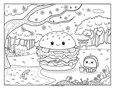 Fargeleggingsark med burger for voksne: En burger som drikker te under fallende kirsebærblomster mens en sushivenn ser på en koifisk