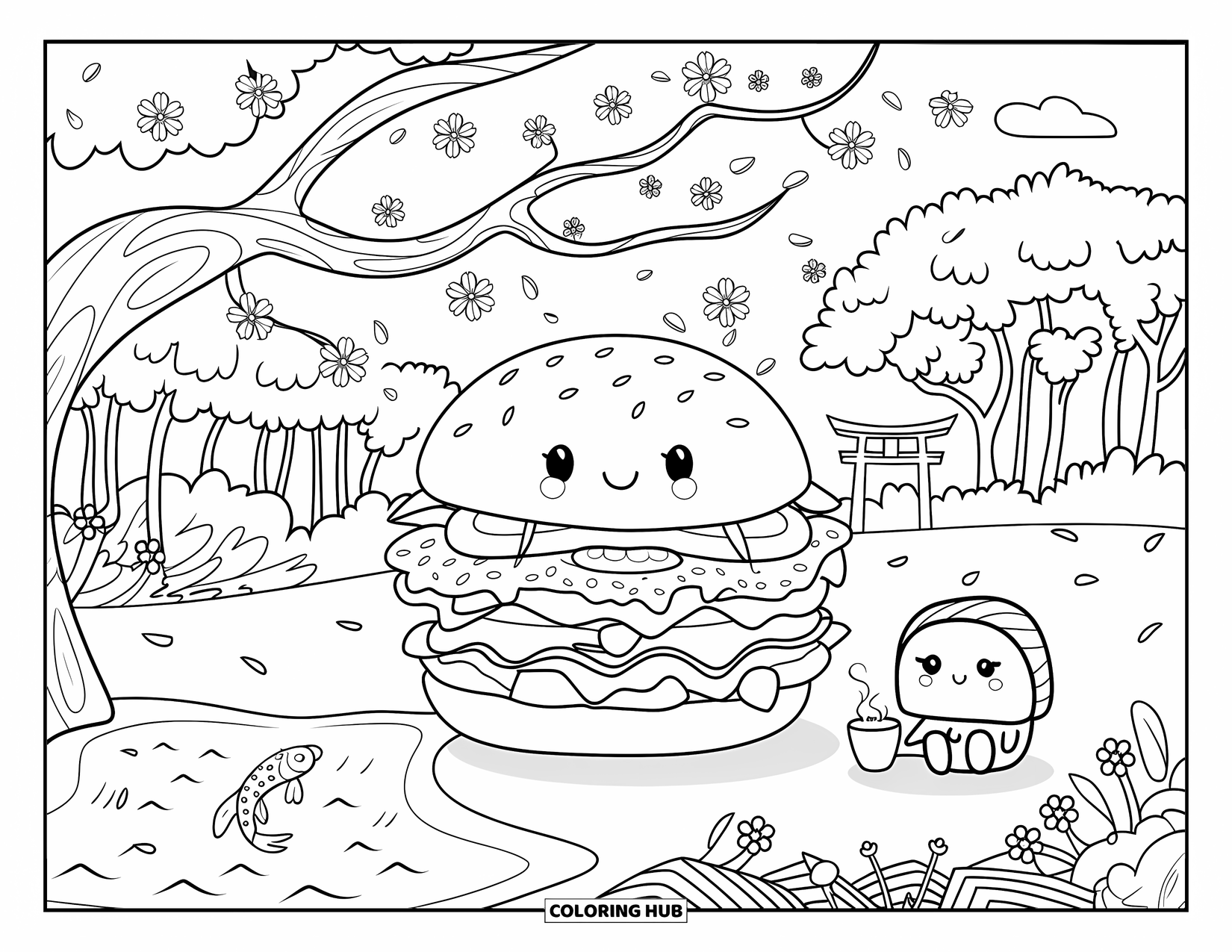 Burger Coloring Page for Adults: A burger sips tea under falling cherry blossoms while a sushi friend watches a koi fish