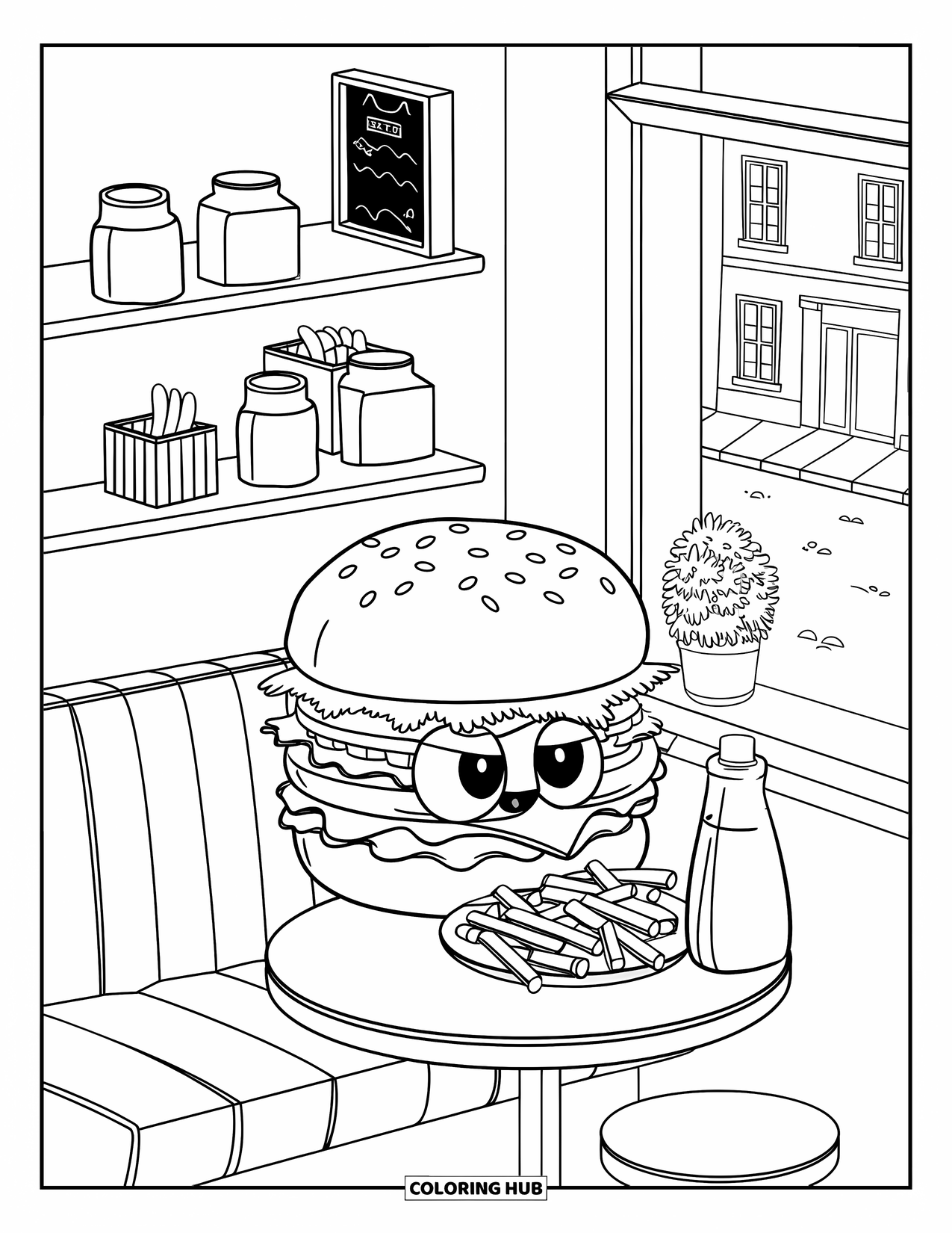 Burger Coloring Page for Adults: A burger sits in a tiny cafÈ, hiding behind fries and a ketchup bottle
