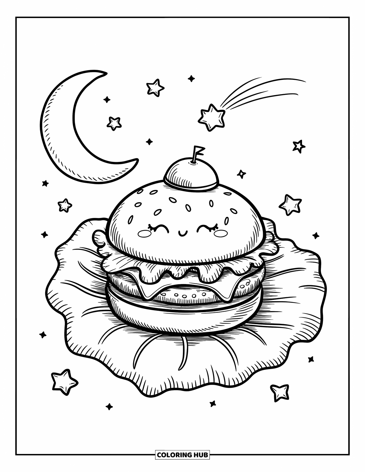 Burger Coloring Page for Adults: A burger with a sleep cap naps on a cloud, surrounded by stars and a shooting star