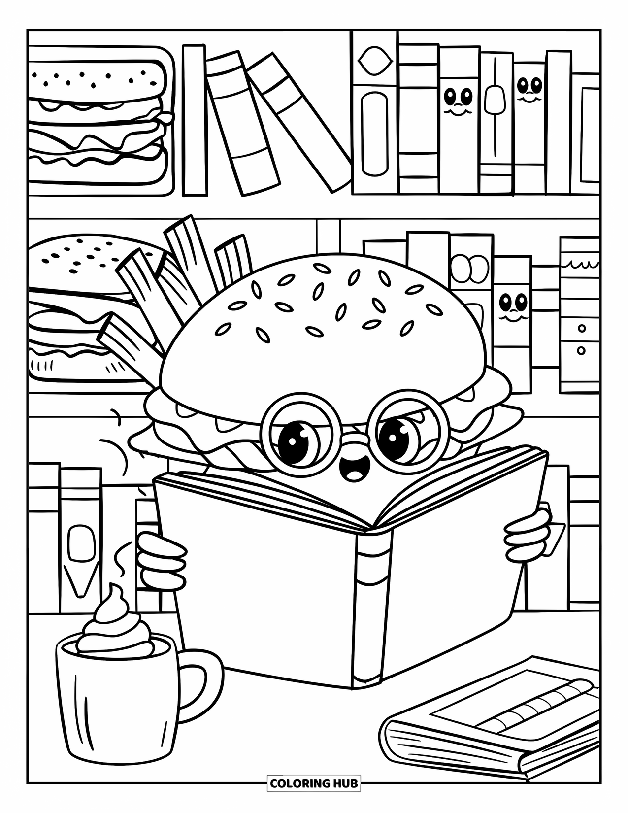 Burger Coloring Page for Adults: A burger with glasses flips through a book in a peaceful, cozy library