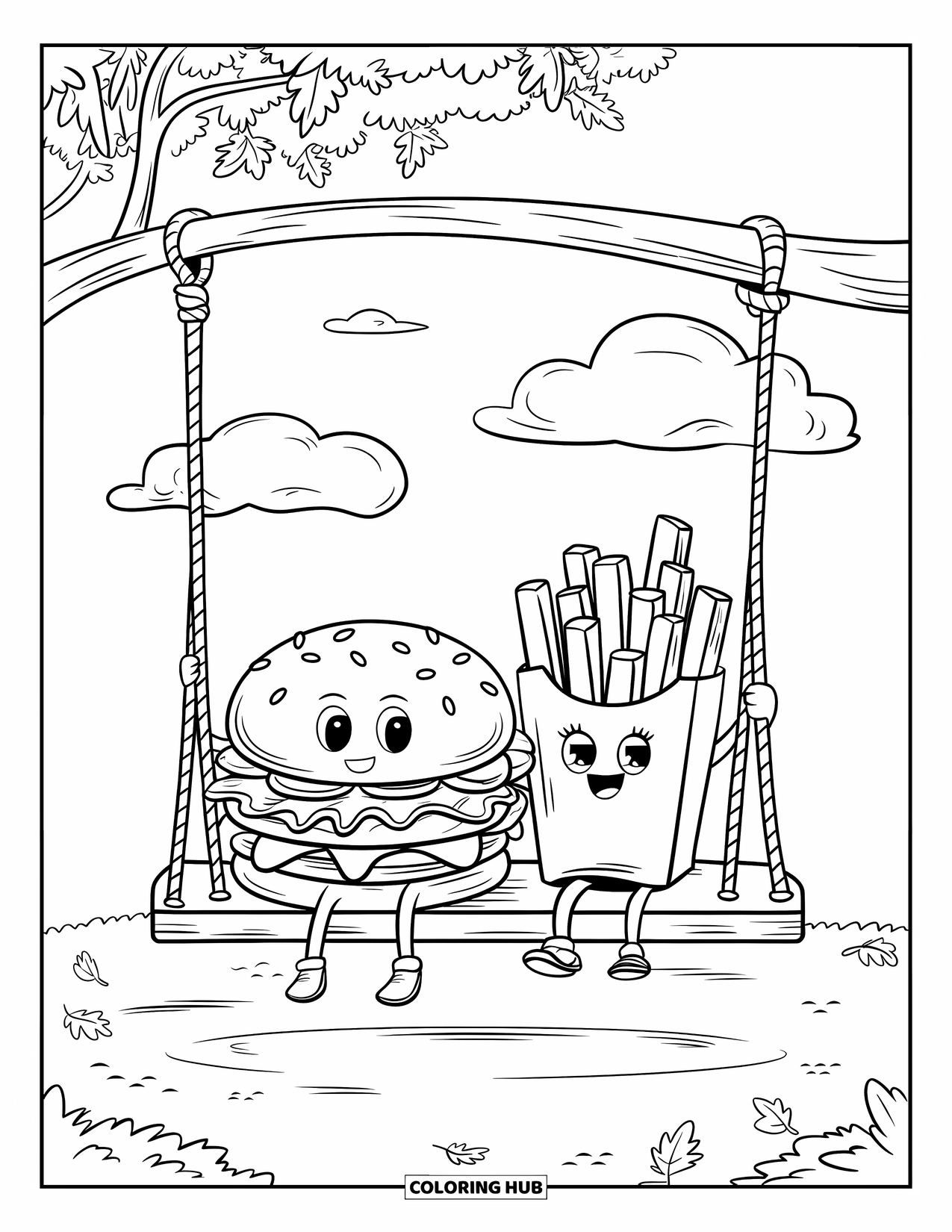 Burger Coloring Page for Adults: A cheerful burger and fries swing joyfully under a tree with heart-shaped leaves
