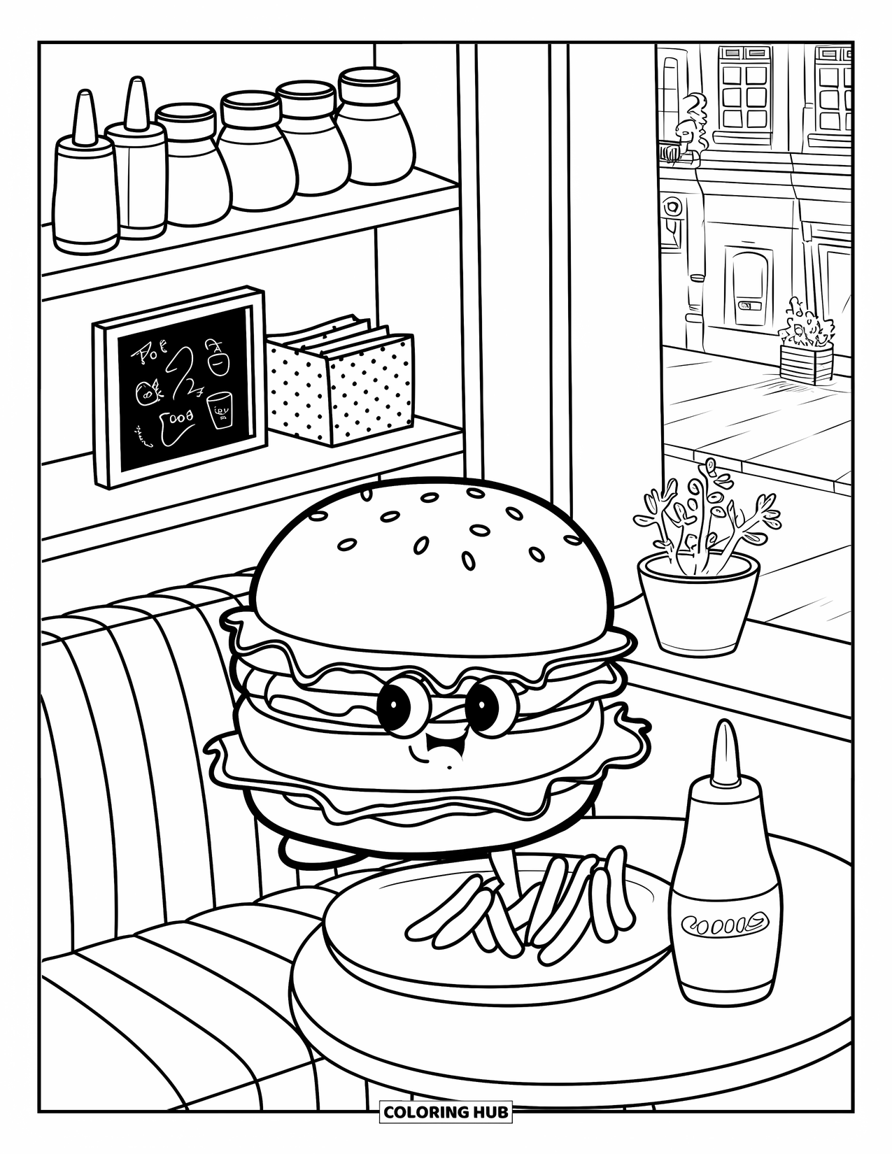 Burger Coloring Page for Adults: A cozy cafÈ scene features a burger, fries, and ketchup, with a tiny plant by the window