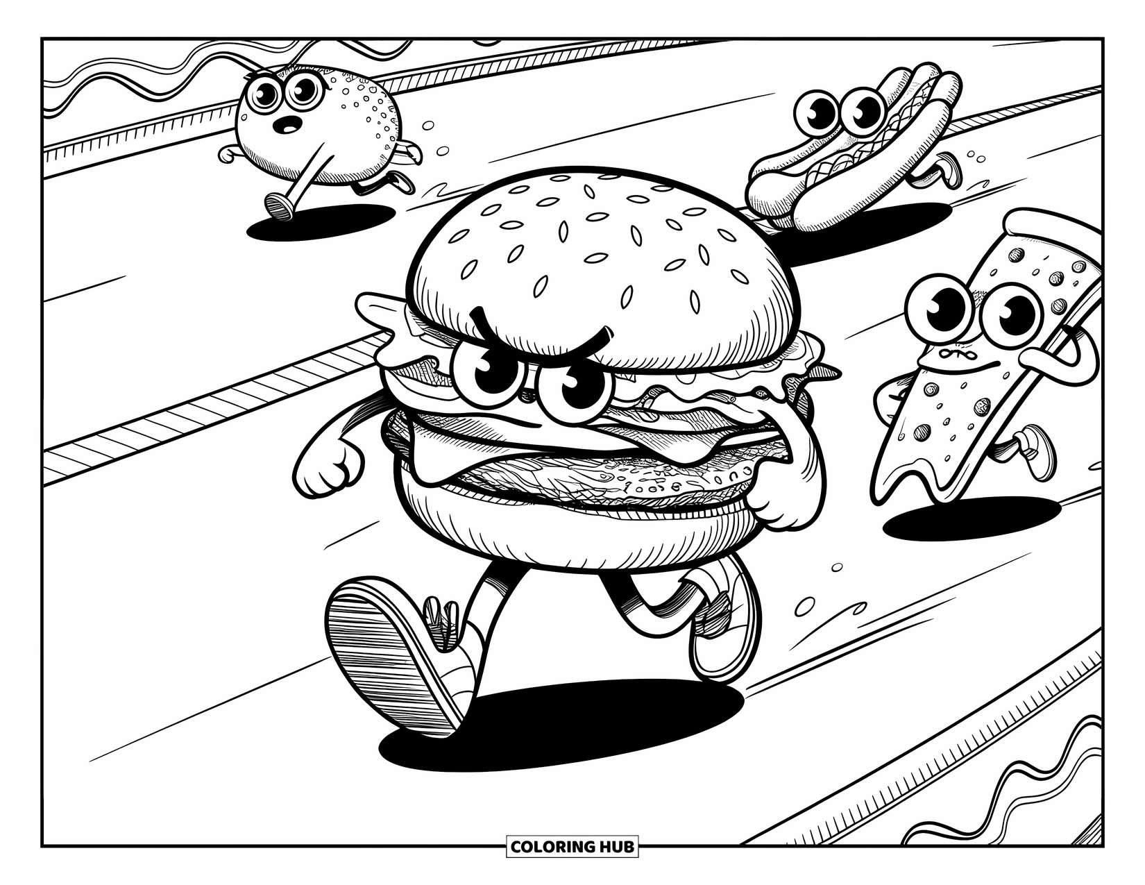 Burger Coloring Page for Adults: A determined burger races on a track with a hot dog and pizza chasing behind