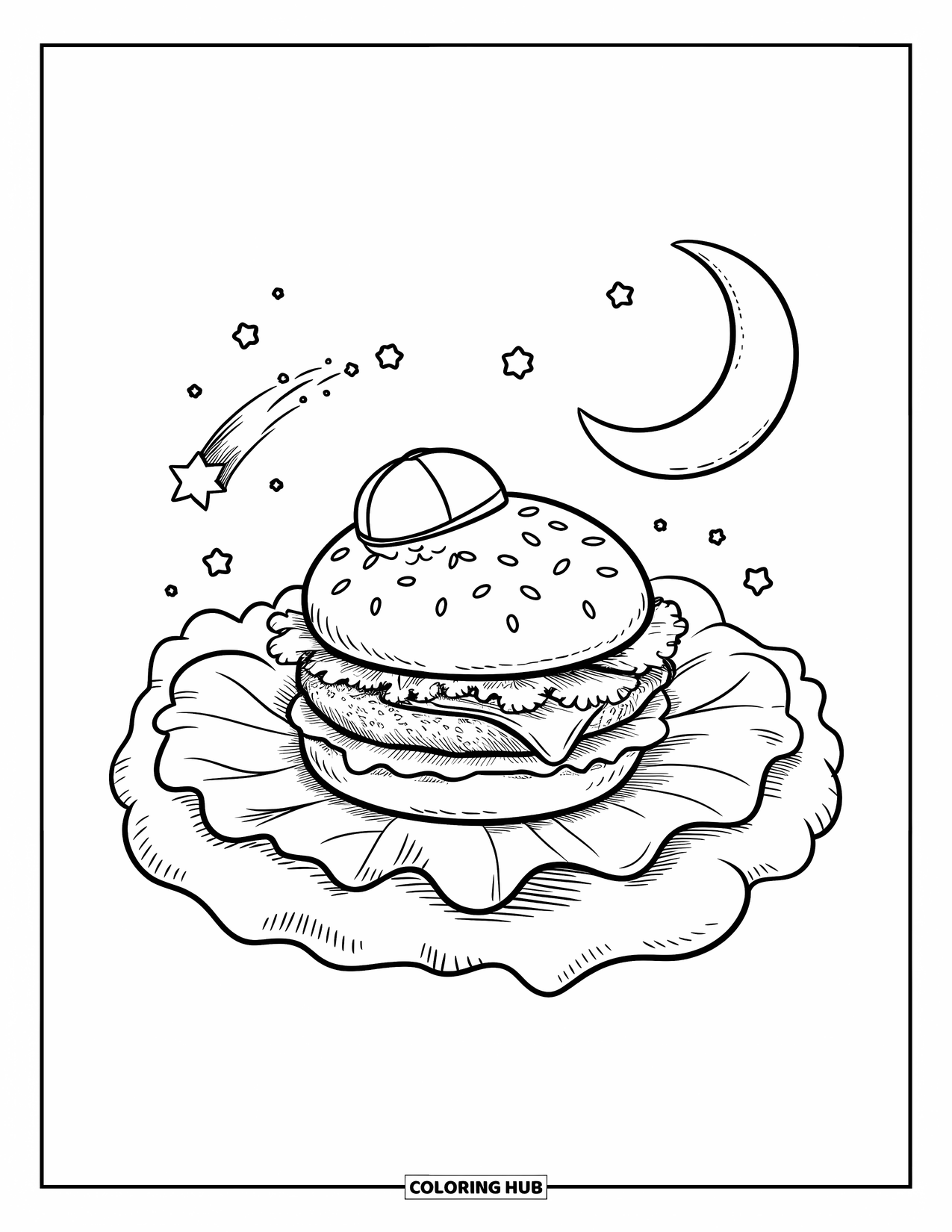 Burger Coloring Page for Adults: A dreamy burger floats on a cloud with a crescent moon and twinkling stars