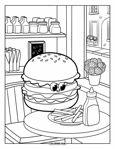 Fargeleggingsark med burger for voksne: En lodden burger som titter frem fra en kafébod bak en stor tallerken pommes frites og ketchup
