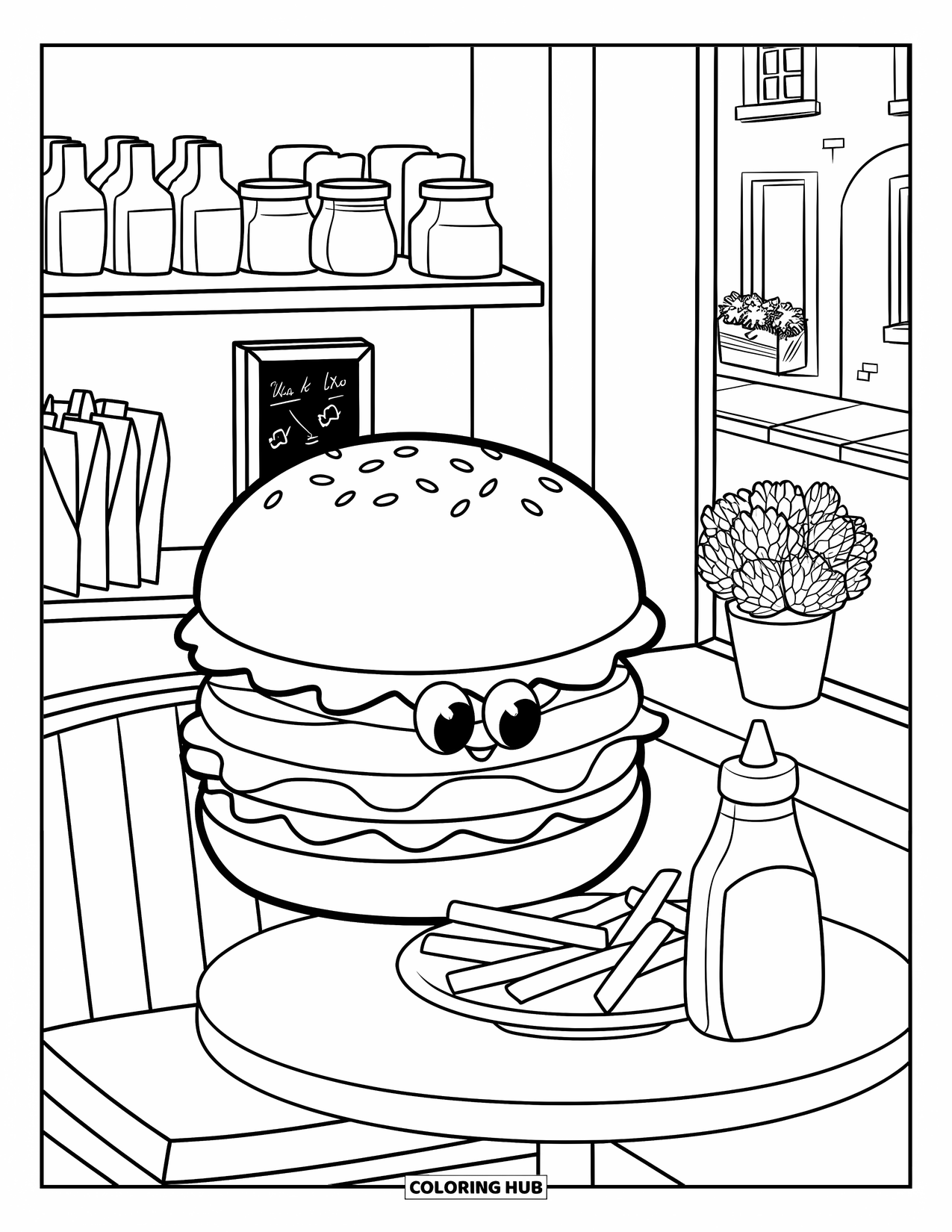 Burger Coloring Page for Adults: A fluffy burger peeks from a cafÈ booth behind a giant plate of fries and ketchup