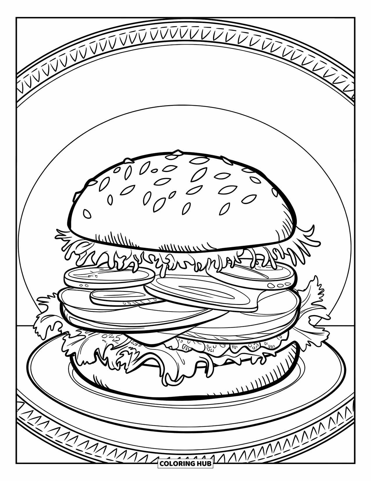 Burger Coloring Page for Adults: A gourmet burger with intricate bun designs is placed on an elegant decorative plate