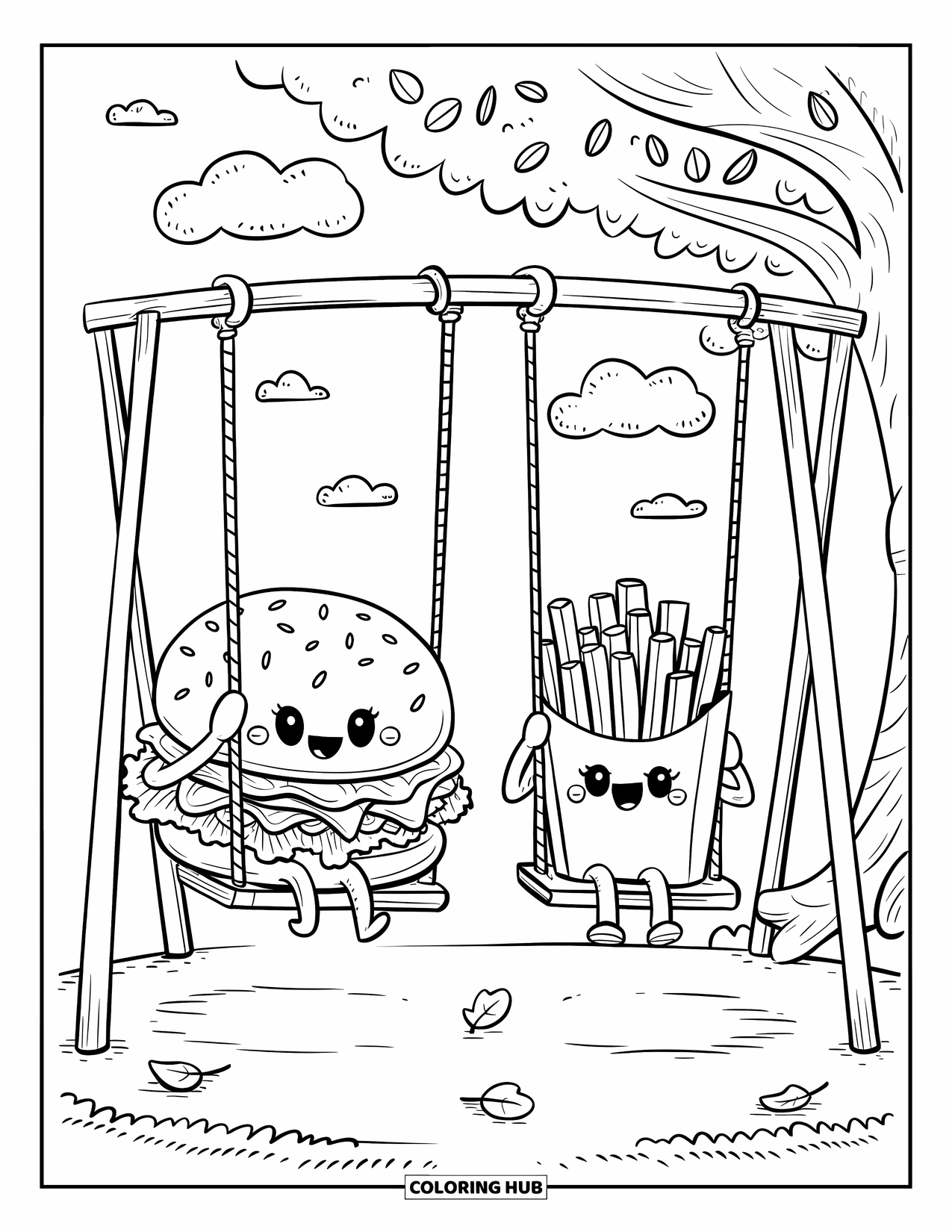 Burger Coloring Page for Adults: A happy burger and fries swing together in a tiny playground with scattered falling leaves